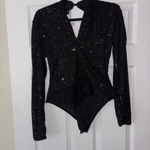 Black Sequin Wrap Bodysuit NWT sparkly